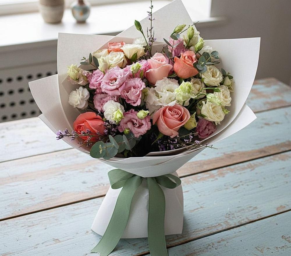 Букет цветов из: Розы, Лизиантусы и Гвоздики в Избербаше